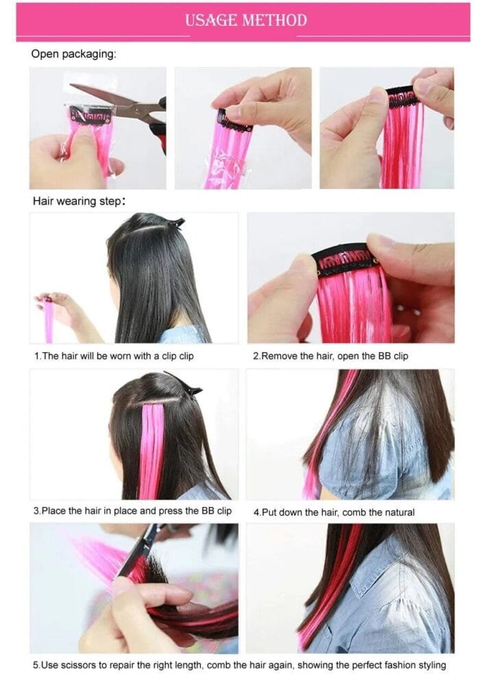 Rainbow Ombre Synthetic Clip-On Hair Extensions - 20" Colorful Hair Strands for Festivals and Daily Wear